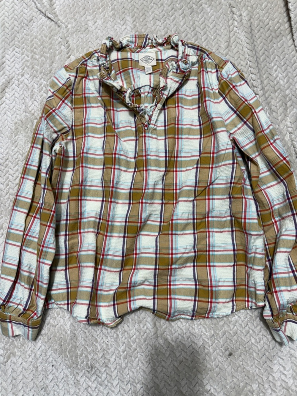 St. John's Bay Mustard & White Plaid Ruffle-Neck Blouse